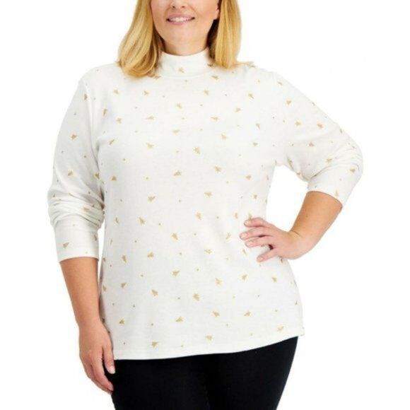 Karen Scott Plus Size Metallic Tree-Print Top Bright White 1X - Picture 1 of 4